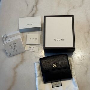 Gucci GG Marmont French Flap Bifold Black Pebbled Leather Wallet with Gold Logo